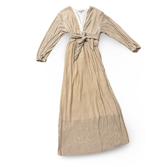 Crescent Gold Maxi Dress Women’s  – Long Sleeve Deep V Bow Crinkle Lined - Large - Picture 1 of 5